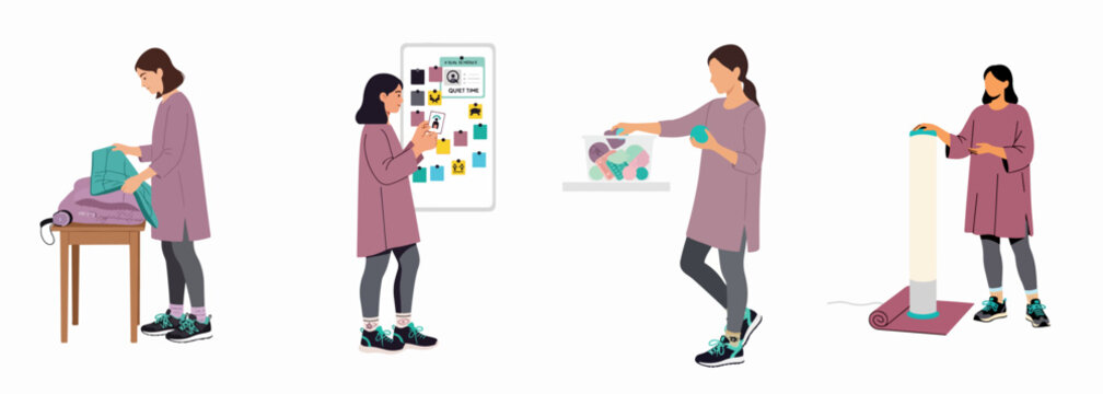Vector illustrations depicting a young woman using various sensory tools and visual schedules to manage daily routines and neurodivergent needs.