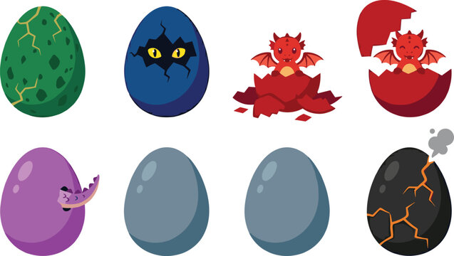 Cute Fantasy Dragon and Dinosaur Hatching Egg Vector Set with Cracked Shells, Baby Dragon and Magical Creature Icons