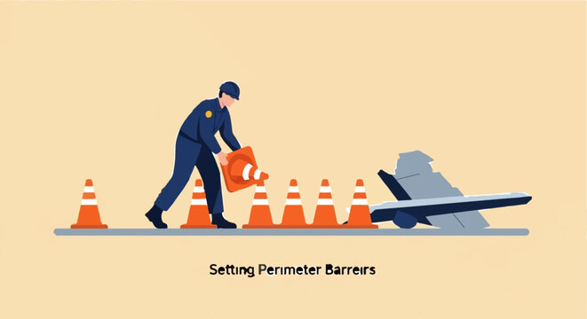 Construction worker setting up perimeter traffic barricades carefully.