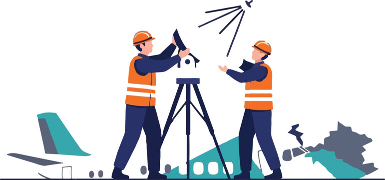 Construction Workers Using Surveying Equipment Near Airport.