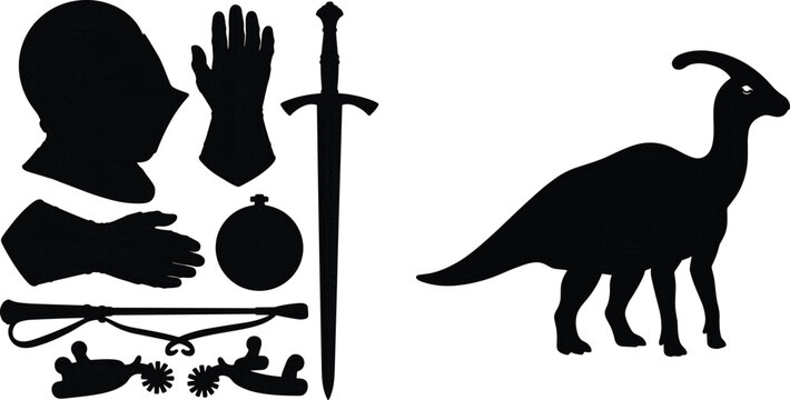Medieval Knight Armor and Parasaurolophus Dinosaur Silhouette Vector Set featuring Sword, Helmet, Gauntlets, and Historical Elements for Museum and Educational Designs