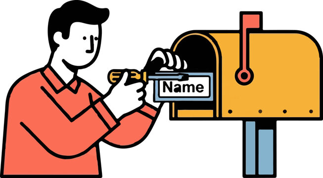 Person placing name label on residential mailbox outside.