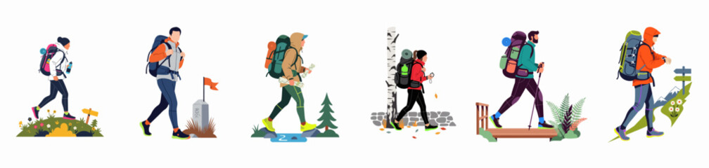 Fototapeta premium Set of flat illustrations featuring diverse people hiking and trekking with backpacks in various outdoor scenic environments.