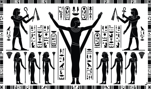 Ancient Egyptian Hieroglyphic Art Print Featuring Pharaohs, Gods, and Ritual Symbols in Black Silhouette Vector for History and Culture Designs