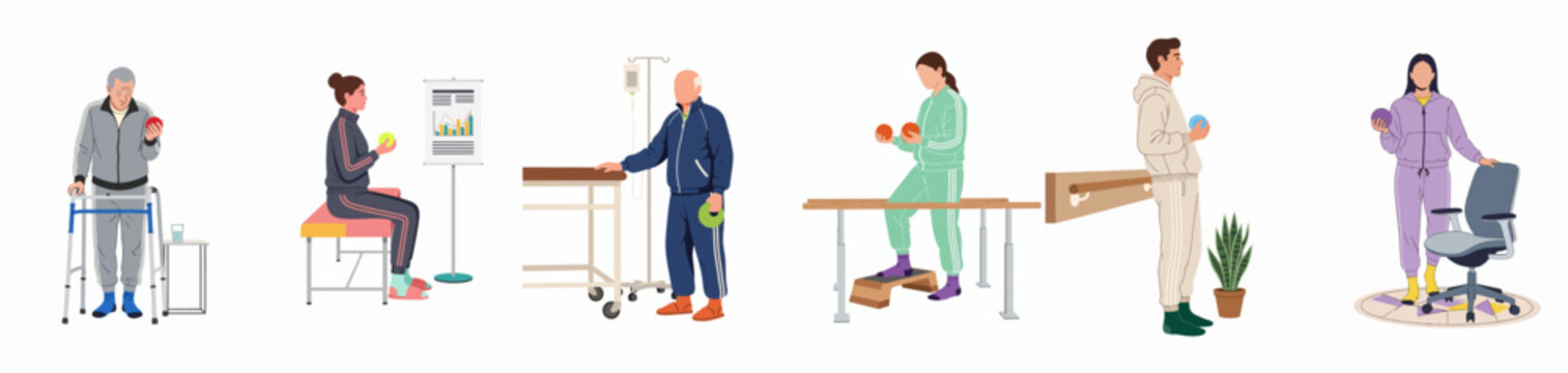 Diverse group of people in tracksuits performing physical therapy and rehabilitation exercises with various medical and fitness equipment in a clinical setting.
