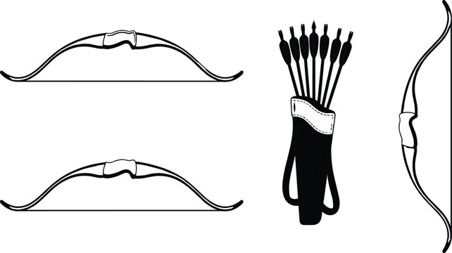Traditional Archery Bow and Arrow Set Icon with Quiver Full of Fletched Arrows for Hunting, Sports, Heritage, and Medieval Concept Designs