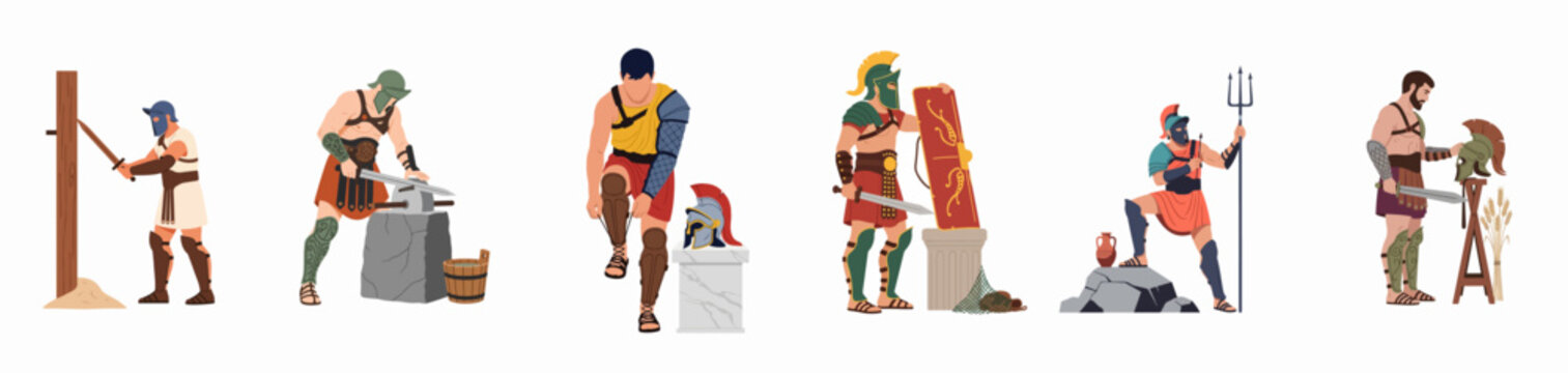 Set of ancient Roman gladiator characters in different poses, training, sharpening weapons, and putting on armor, isolated on a white background.