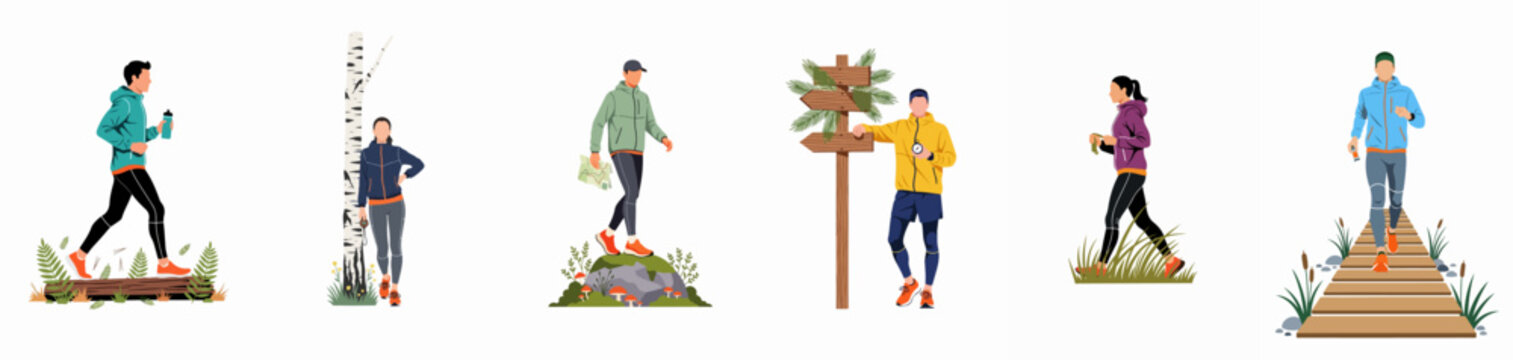 Collection of flat vector illustrations showing people trail running, hiking, and orienteering through diverse natural landscapes such as forests and boardwalks.
