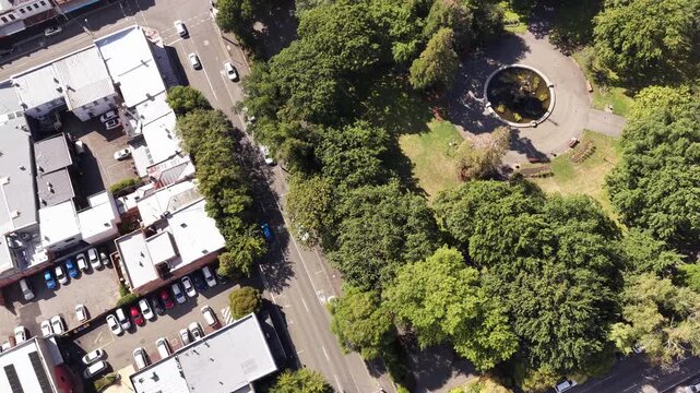 Prince&rsquo;s park in Launceston city downtown aerial top down view of streets and squares.