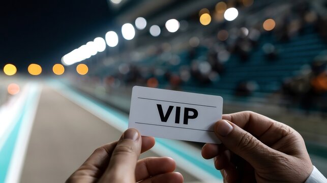 Hand holding a vip access card against a blurred background of a stadium or event venue at night, symbolizing exclusive entry, luxury status, and special membership to an entertainment experience
