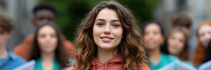 Fototapeta premium Teen choir leader smiling confidently outside with ensemble