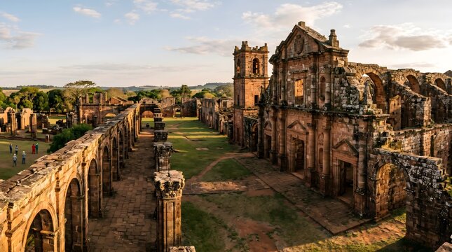 Sovereign Ruins: Expansive Stone Architecture and Ornate Arches of the Jesuit Mission of La Sant&iacute;sima Trinidad de Paran&aacute; Under Late-Afternoon Sun