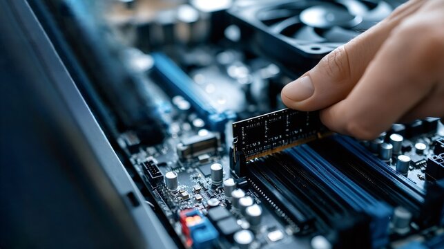 Hand of an it professional installing new random access memory into a blue slot on a circuit board, upgrading or repairing personal computer hardware for improved performance and data processing