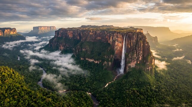 Majestic Wilderness: Angel Falls Cascading From the Sheer Cliffs of Auy&aacute;n Tepui in Canaima National Park