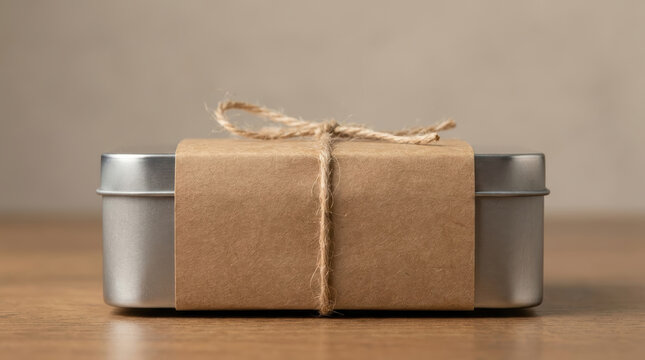 Sustainable packaging design sustainable packaging design in metal tin with kraft paper and twine on wooden table