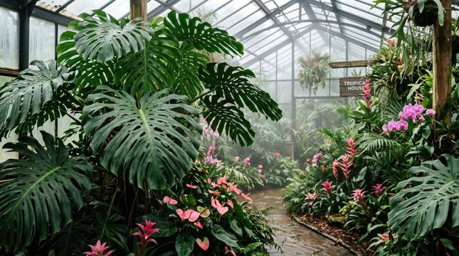 Dense tropical greenhouse interior with large monstera leaves and pink flowering plants along wet stone path