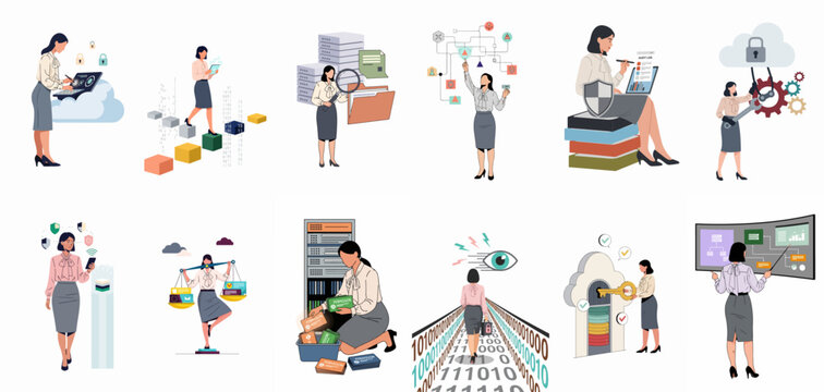 Professional collection of business illustrations featuring a woman managing data security, cloud computing, information technology tasks, and digital auditing in modern vector style.