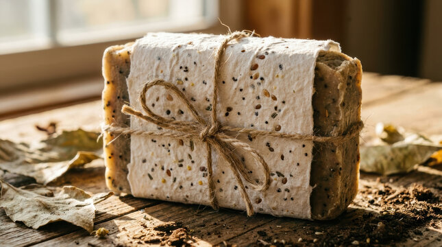 Sustainable packaging design sustainable packaging design wrapped soap bar on rustic wood table with natural fiber twine and warm light