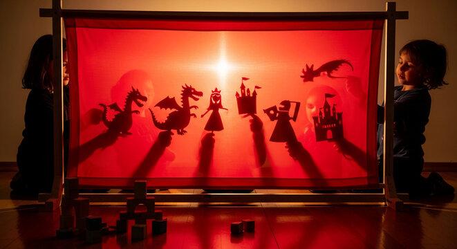Children create a red shadow puppet show with dragons and a princess. It showcases creativity and storytelling, perfect for educational or entertainment concepts.