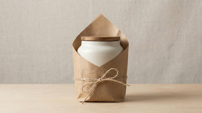 Sustainable packaging design ceramic jar cream jar reusable jar paper wrap kraft paper wooden lid packaging natural minimal eco friendly