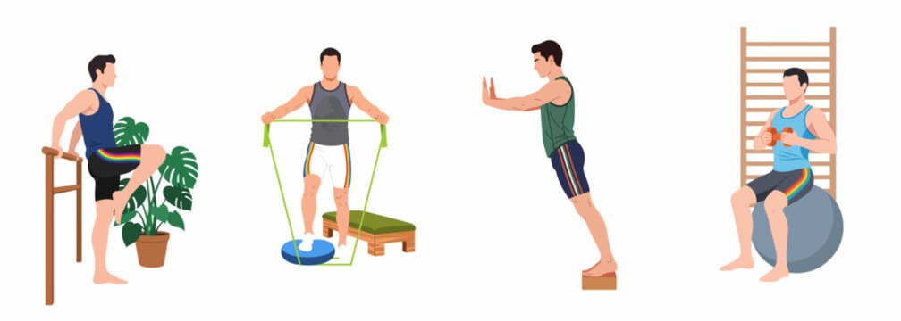 Illustrations of a man performing physical therapy and fitness exercises including balance, resistance training, wall push-ups, and stability ball workouts.