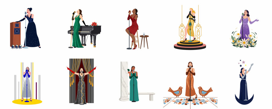 Collection of elegant female singers in vintage gowns performing with classic microphones in various artistic settings.