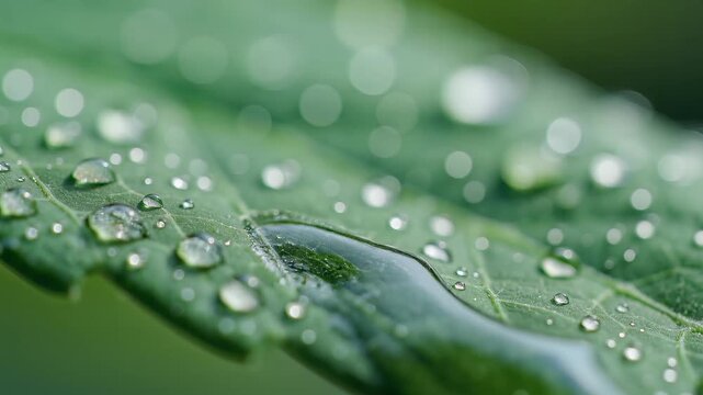 Macro shot of water droplets on a green leaf surface.