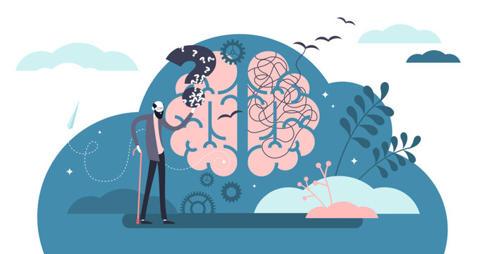 Dementia health disorder flat tiny person concept illustration, transparent background.Brain with stylized thoughts and memories jumbling up and leaving human head.