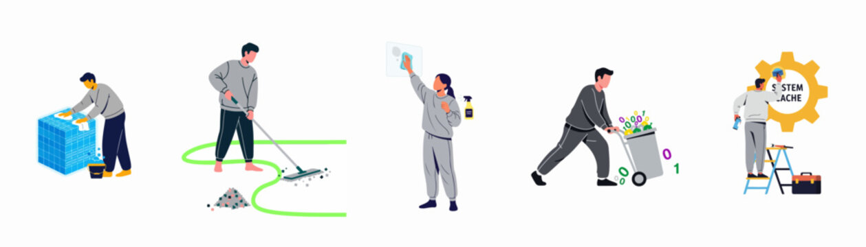 Vector illustration of characters performing various digital cleaning and system maintenance tasks such as clearing cache, data cleanup, and optimizing computer performance.