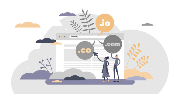 Domain name as web server website address extension flat tiny person concept, transparent background. Internet online hosting service technology network with com, org, net, io and co symbols.
