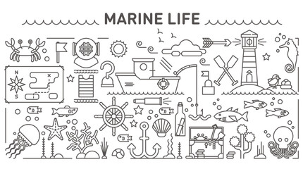 Obraz premium Marine sea life concept illustrations, outline style objects collection set, transparent background.
