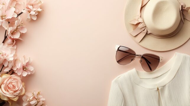 Fashion women stylish accessories outfit glamour set with label flat lay beige pastel background table with copy mock up space,