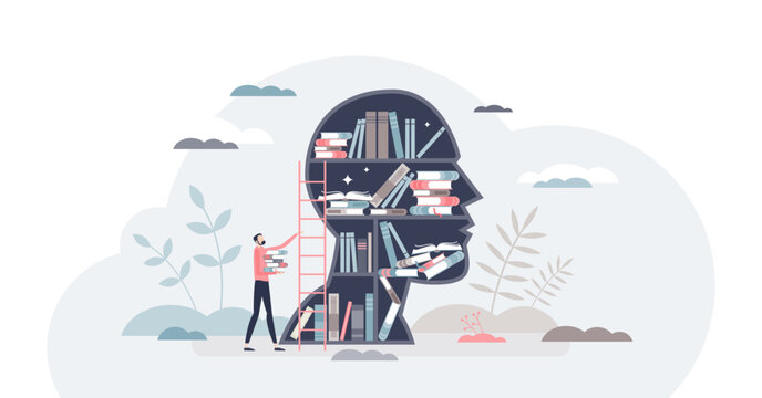 Knowledge or education as intelligence mind experience tiny person concept, transparent background. Information base as book library in head illustration. Brain and mind training.