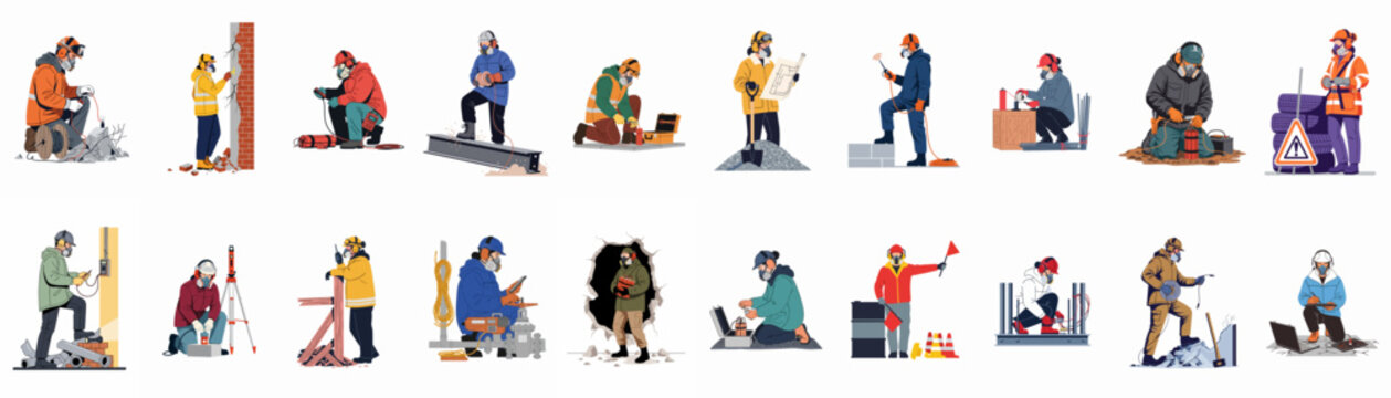 Large collection of diverse construction and demolition workers wearing safety gear, helmets, and respirators while performing various industrial site tasks on white background.