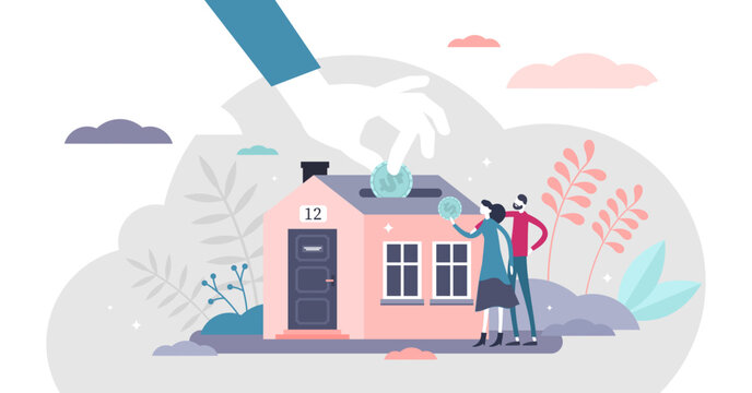 Mortgage illustration, transparent background. House purchase savings process flat tiny person concept. Couple home ownership investment in piggy bank and property offer. Buy real estate.