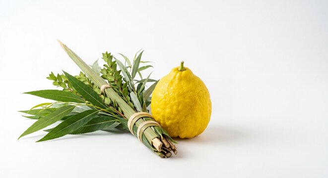 A vibrant yellow etrog fruit alongside a tied lulav branch set against a clean white background.