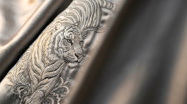 Close-up of intricate traditional silk embroidery with microscopic stitching and lustrous texture