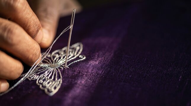 Close-up of hands meticulously embroidering a delicate butterfly with silver thread on rich purple silk fabric
