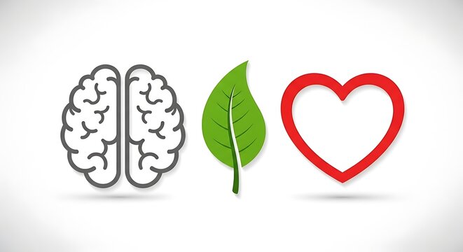Minimalist illustration of brain heart and leaf on white background.