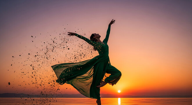 A dancer in a flowing green dress bursts into fragments against a vibrant sunset over water, symbolizing transformation and freedom