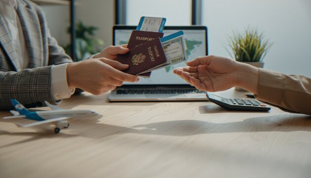 A travel agent handing a passport, plane tickets, and US currency to a client across a desk in a modern office with a model airplane.