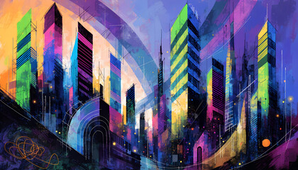 Fototapeta premium Abstract illustration of colorful skyscrapers in a city skyline at dusk. 
