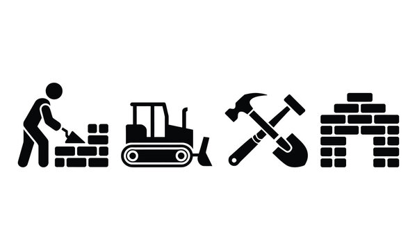 Construction tools and bricklaying process illustration
