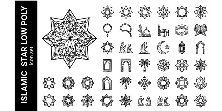 Islamic Star Low Poly Black White-Triangulated Angular Fill Star Point-Contemporary Art Vector-Star Icon Low Poly-Islamic Pattern Design Set