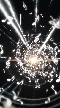 Swirling Musical Notes Tunnel with Light Streaks - A dynamic visual of white musical notes and symbols swirling and radiating from a bright central point against a dark background.