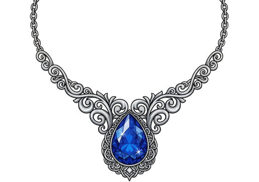 Elegant silver necklace featuring a large teardrop shaped blue sapphire gemstone.