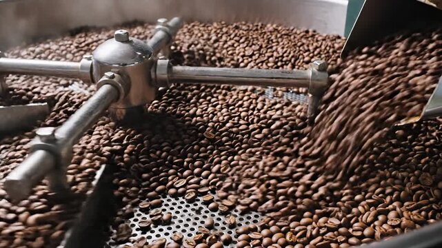 Closeup of coffee beans being roasted in a commercial roaster machine.