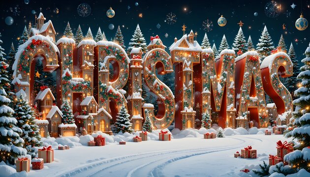 A serene winter landscape featuring the word Christmas in a snowy forest on adobe stock