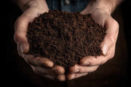 Hands cradle dark, nutrient-rich soil filled with organic compost, showcasing nature's bounty and the joy of nurturing growth
