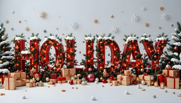 Adobe Stock Noel scene with Holiday sign and gifts on snowy ground surrounded by pine trees